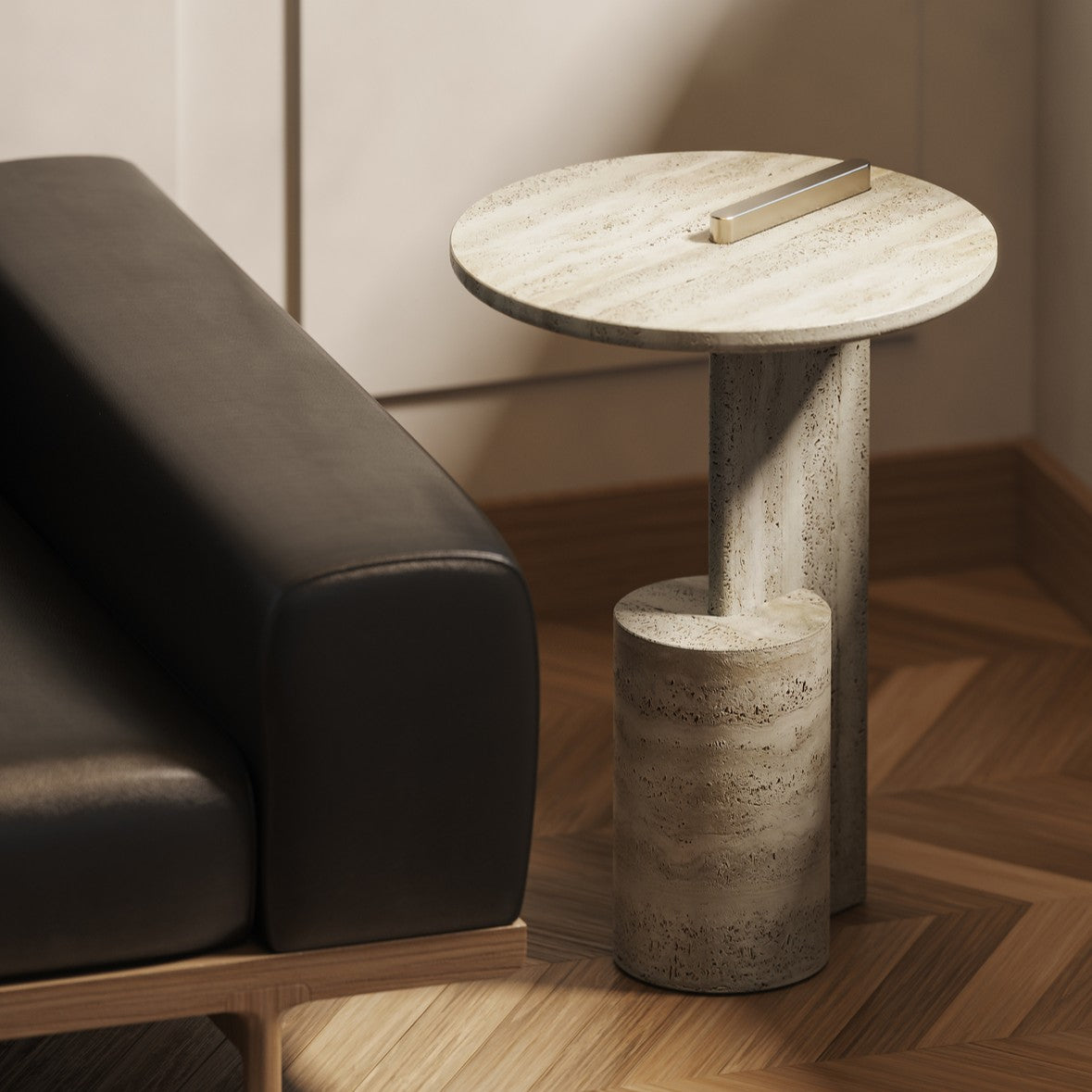 On side table in Travertine, styled in a room