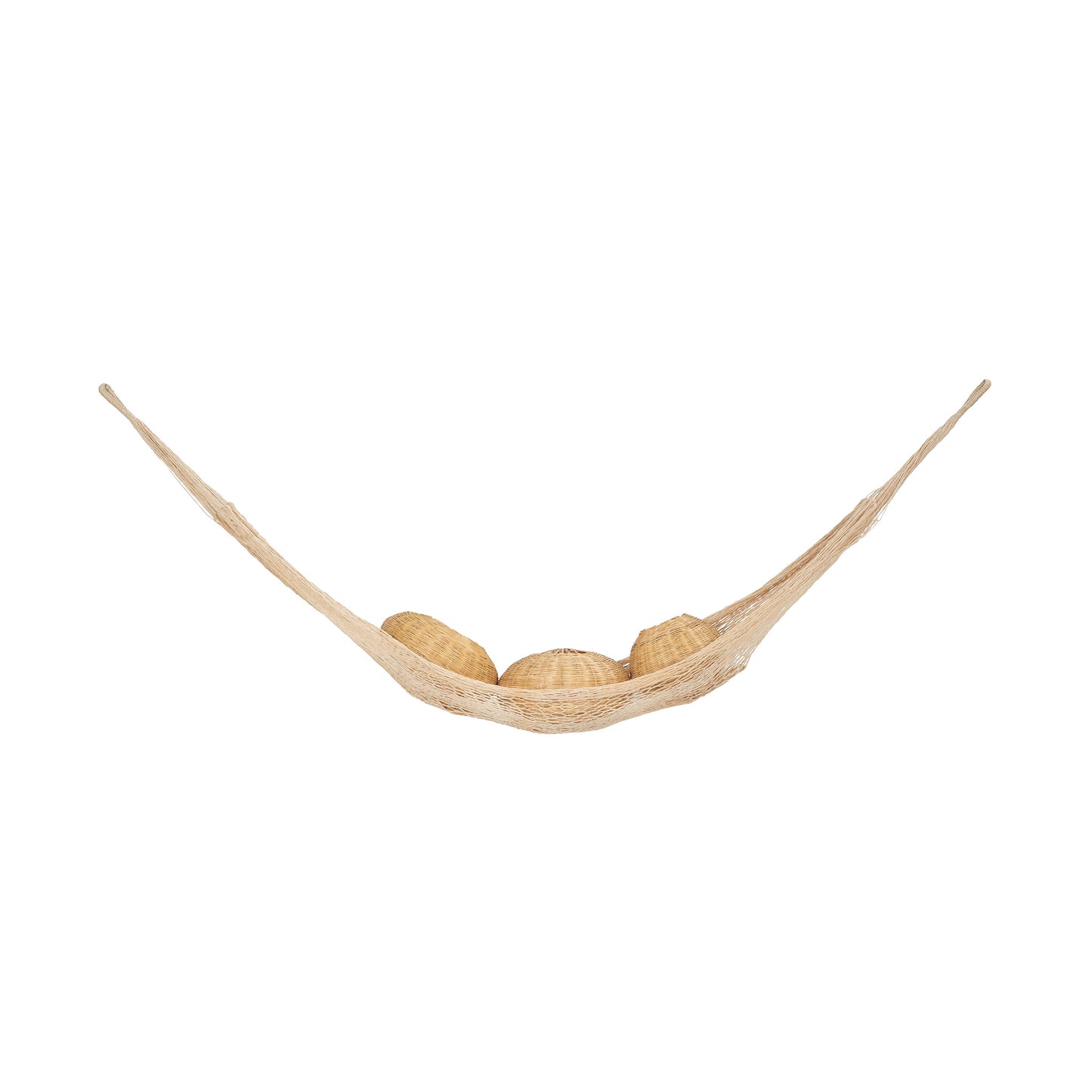 Woven hammock in natural fiber with three spherical cushions on a white background