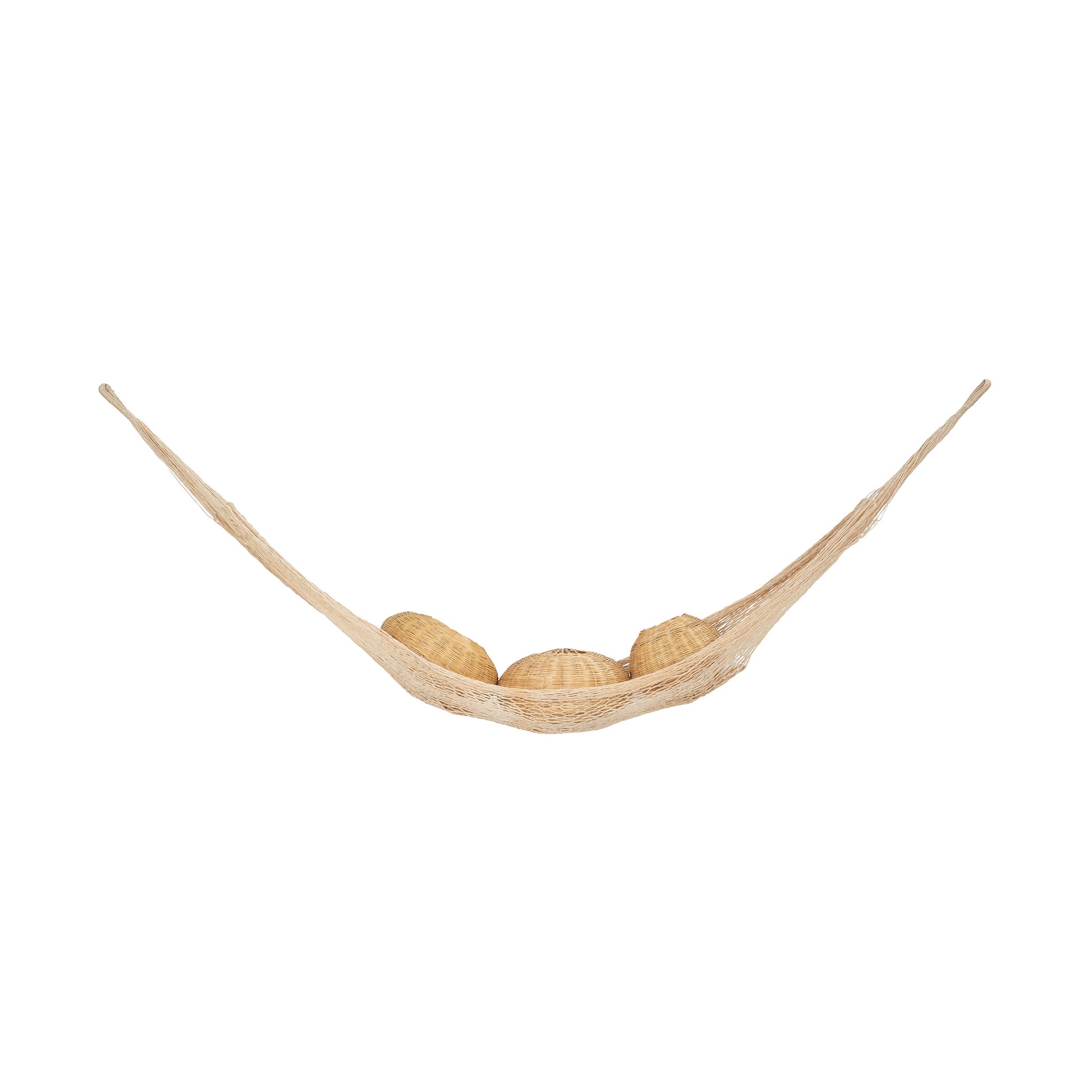 Woven hammock in natural fiber with three spherical cushions on a white background