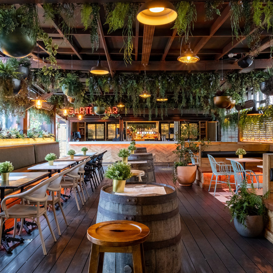 A well-lit indoor bar  space with numerous potted plants and a wooden barrel used as a table, showcasing a vibrant and natural ambiance.