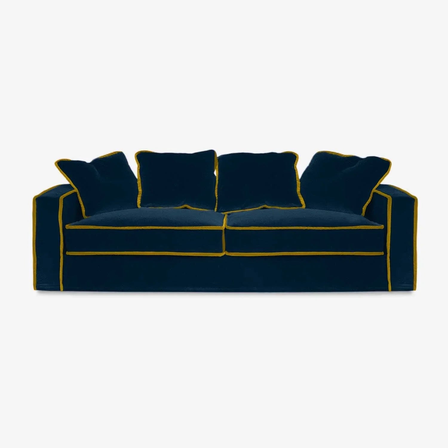 Raffaela 3-seater sofa in midnight blue velvet with gold trim