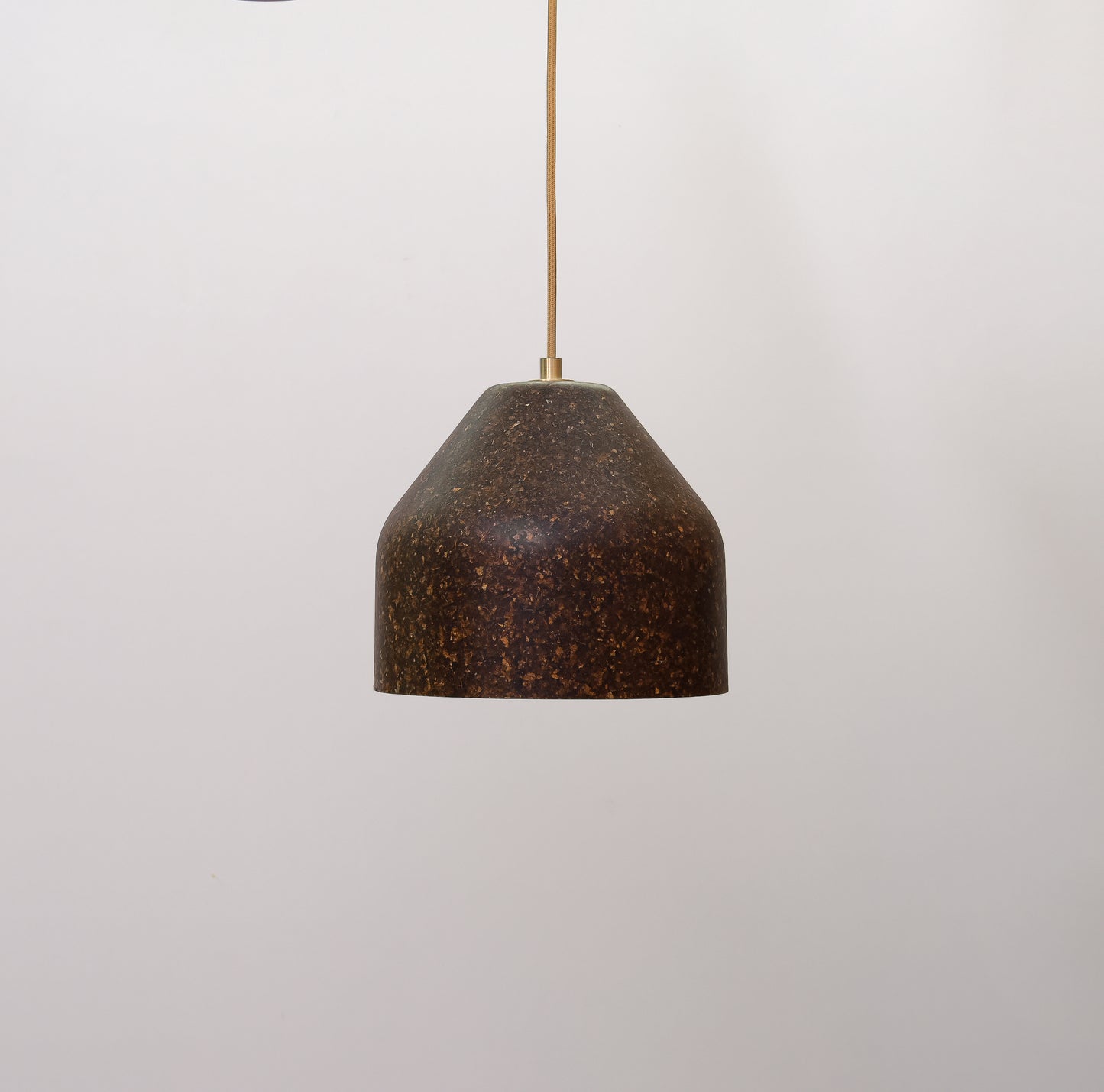 Dark brown pendant lamp with gold fixture on a light gray background