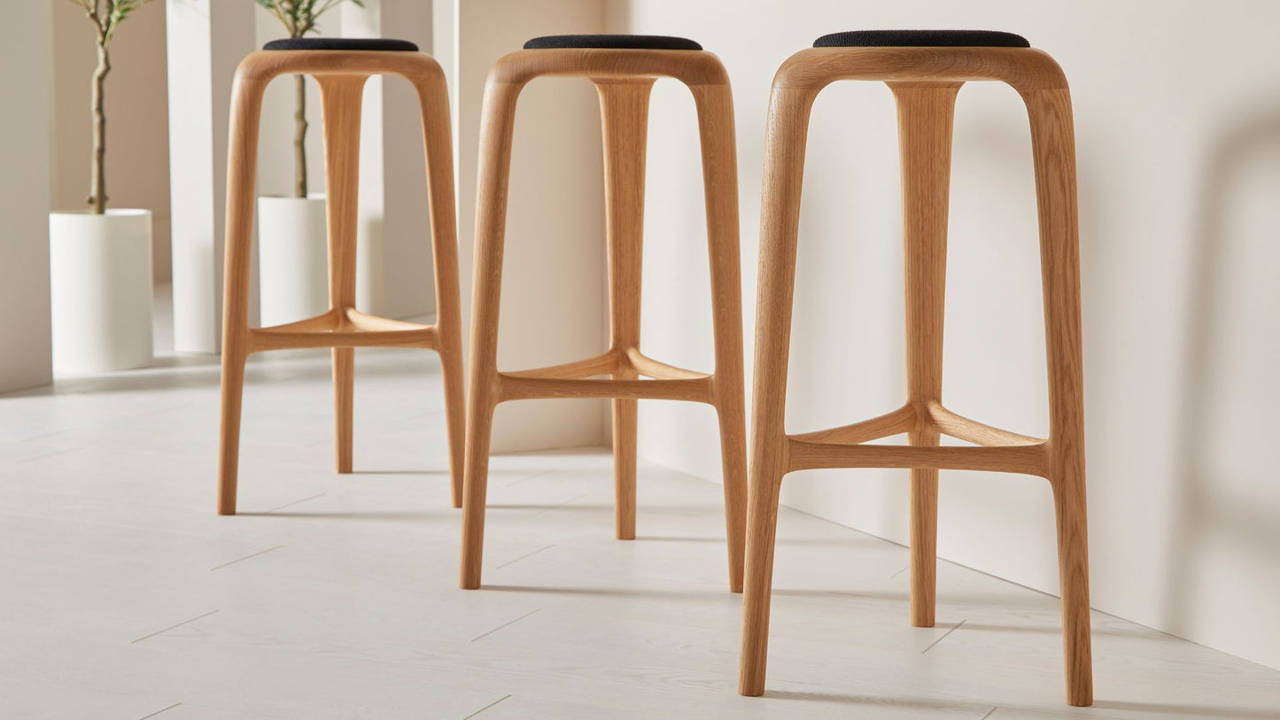 Flow upholstered oak stool, detail view