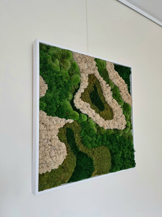 A framed artwork piece featuring an arrangement of green and beige mosses in a patterned design.