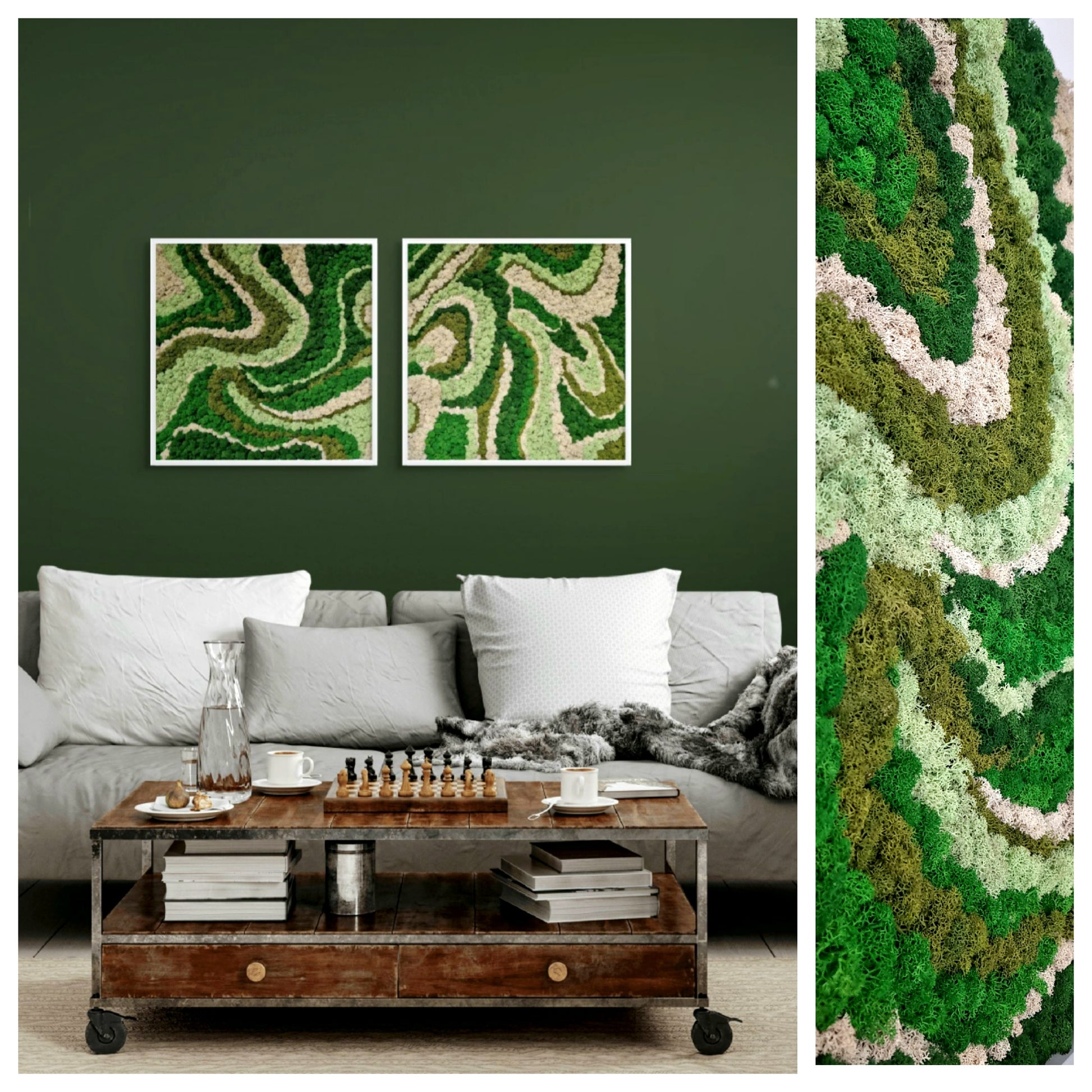 Two frames with vibrant reindeer moss arranged in a swirling pattern, displayed on a green wall above a grey sofa with white cushions. The artwork has a organic shape and a mesmerizing visual flow.