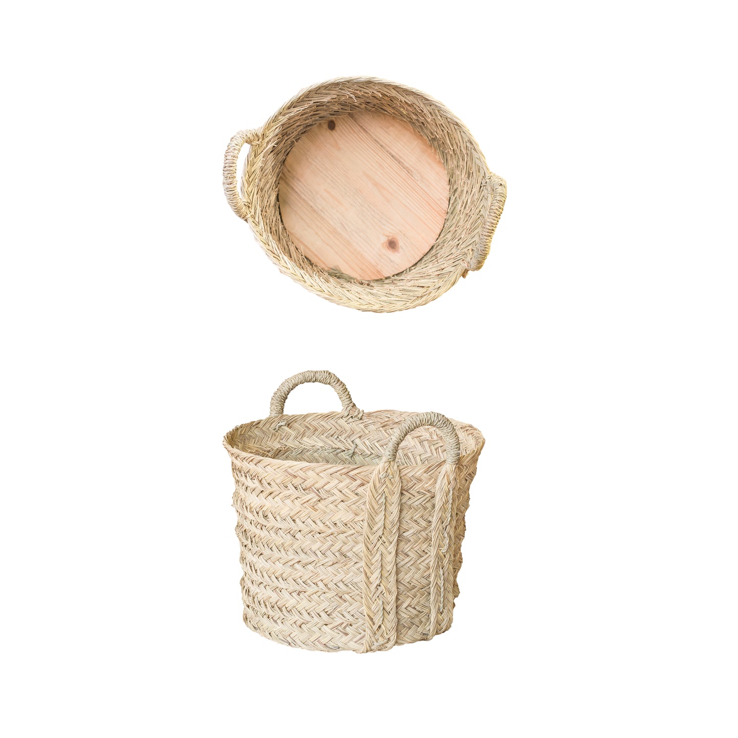 Woven basket in natural materials with wood bottom on a white background