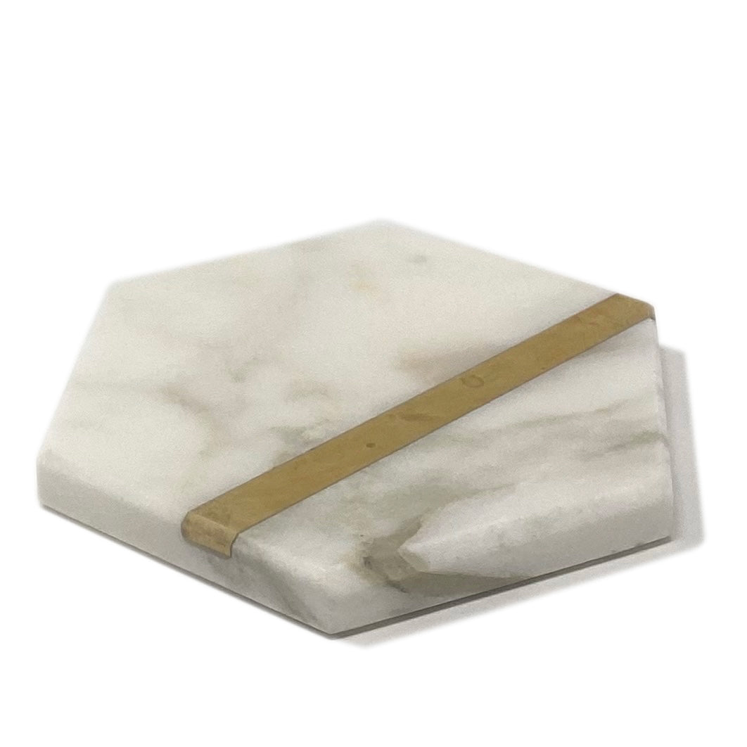 Brass Collection _   Hexagonal marble coaster with brass