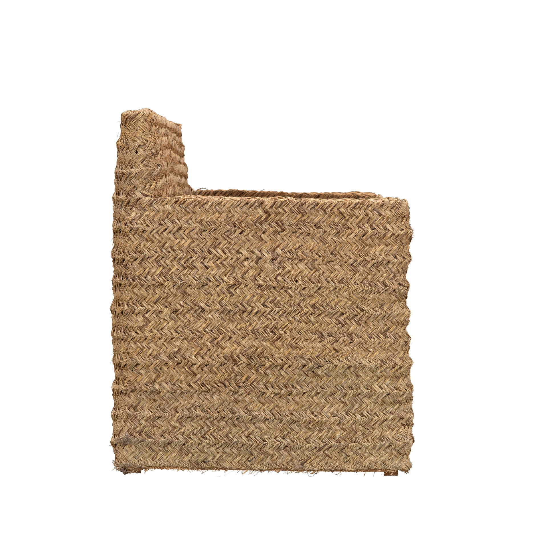 side view of woven sofa made from natural fibre, esparto, on a white background